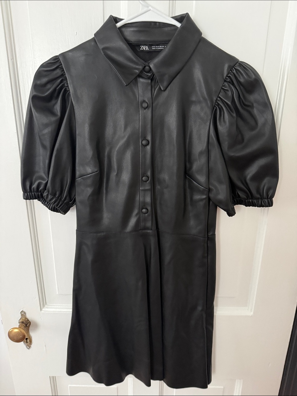 ZARA Black Faux Leather Puff-Sleeve Dress